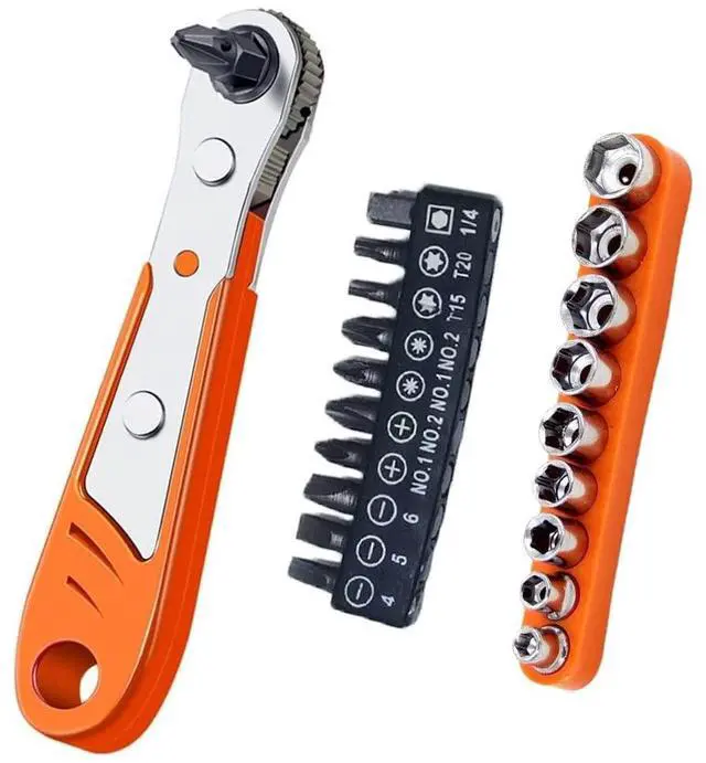 Main image of Right Angle Screwdriver Bit Set 1/4 Inch Drive Mini Ratchet Socket Wrench Set Pocket Handle 20 Piece 90 Degree Low Profile Offset Ratcheting Wrench Driver for Small Spaces Tight Spots EDC Tool