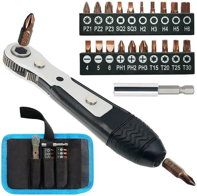 Main image of Mini Ratchet Screwdriver Set,Right Angle Screwdriver,Short Offset Screwdrivers with Phillips, Flat, Torx, Hex, Square,Pozidriv S2-Alloy Steel Bits (36-Teeth)