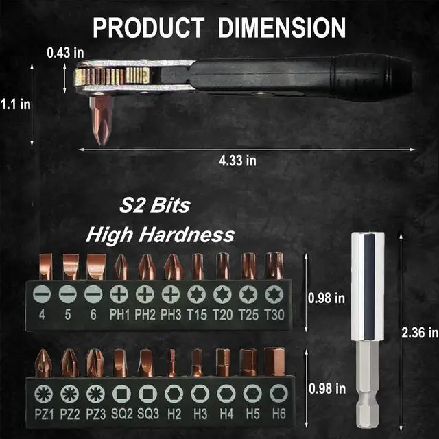 Alt view image 4 of 7 - Mini Ratchet Screwdriver Set,Right Angle Screwdriver,Short Offset Screwdrivers with Phillips, Flat, Torx, Hex, Square,Pozidriv S2-Alloy Steel Bits (36-Teeth)