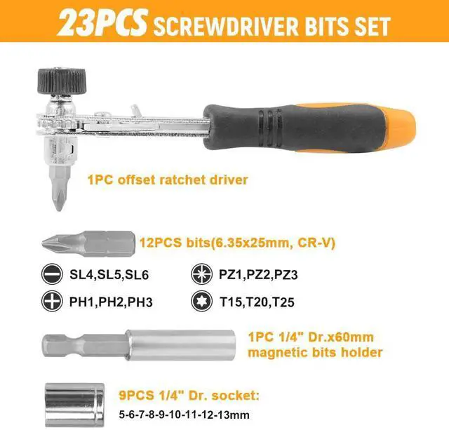 Alt view image 2 of 7 - 1/4-Inch Mini Ratchet Set - 23-Piece Screwdriver Bits Kit with Magnetic Bar, Offset Ratchet Driver and 9 Metric Sockets (5mm-13mm) | CR-V Bits for Versatile Socket & Socket Wrench Set
