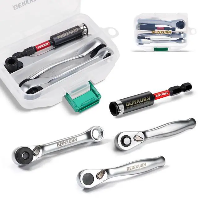 Main image of Mini Ratchet Wrench& Bit Holder Set 4 Pcs, 1/4" Drive Ratchet Handle Wrench, 72-T Quick-Release Reversible Socket Wrench, Impact Extension Bit Holder with Case