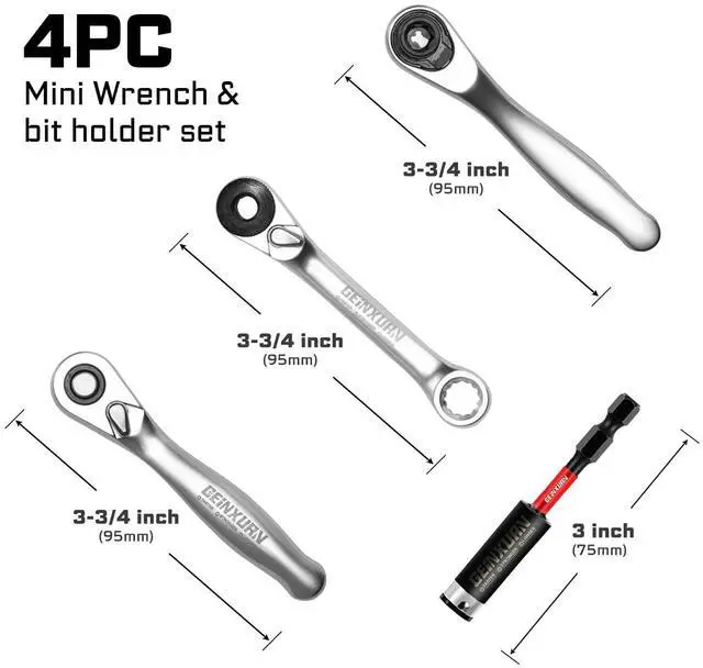 Alt view image 2 of 7 - Mini Ratchet Wrench& Bit Holder Set 4 Pcs, 1/4" Drive Ratchet Handle Wrench, 72-T Quick-Release Reversible Socket Wrench, Impact Extension Bit Holder with Case