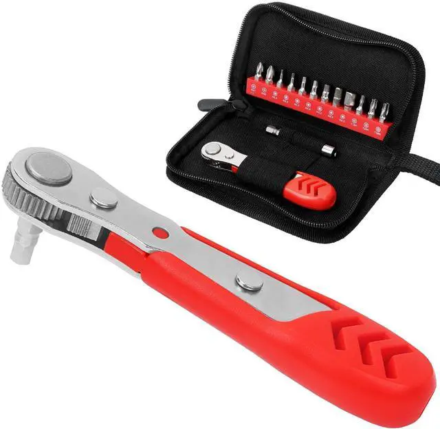 Main image of Right Angle Screwdriver 14 Piece Mini Ratchet Set, Offset Screwdriver Low Profile Ratchet Screwdriver Set with 1/4 Ratchet, Hex, Phillips, and Torx, EDC Bit Driver for Tight Spaces, Bike