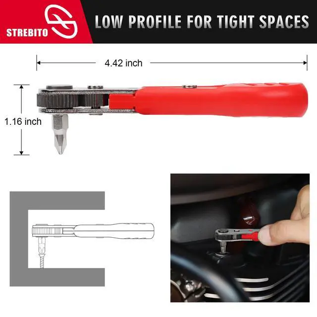 Alt view image 4 of 7 - Right Angle Screwdriver 14 Piece Mini Ratchet Set, Offset Screwdriver Low Profile Ratchet Screwdriver Set with 1/4 Ratchet, Hex, Phillips, and Torx, EDC Bit Driver for Tight Spaces, Bike