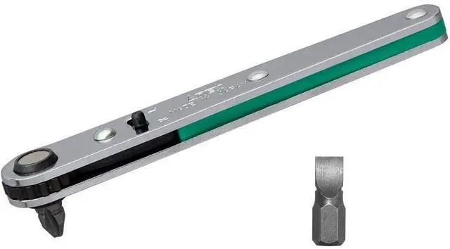 Main image of Ultra Low Profile Offset Ratcheting Screwdriver 90 Degree Angled For Tight Area (Magnetic 2 Bits Set) Straight Flathead, Green