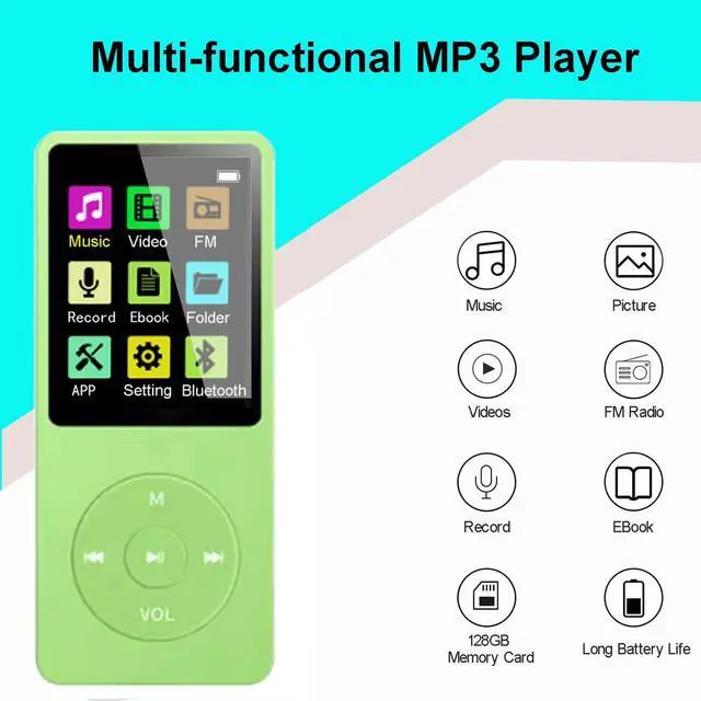 Alt view image 2 of 7 - 128GB MP3 Player with Bluetooth 5.2, Portable Green Music Player for Kids with Built-in HD Speaker, FM Radio, Voice Recorder, Earphones Included