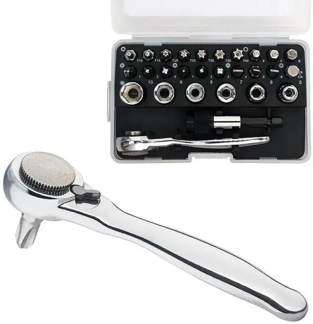 Main image of 1/4 Mini Ratchet Set 28pcs Right Angle Screwdriver and Bit with Metric Socket Set, 72 Tooth Small Ratcheting Wrench Offset Screwdriver Low Profile Stubby Ratchet for Tight Spaces