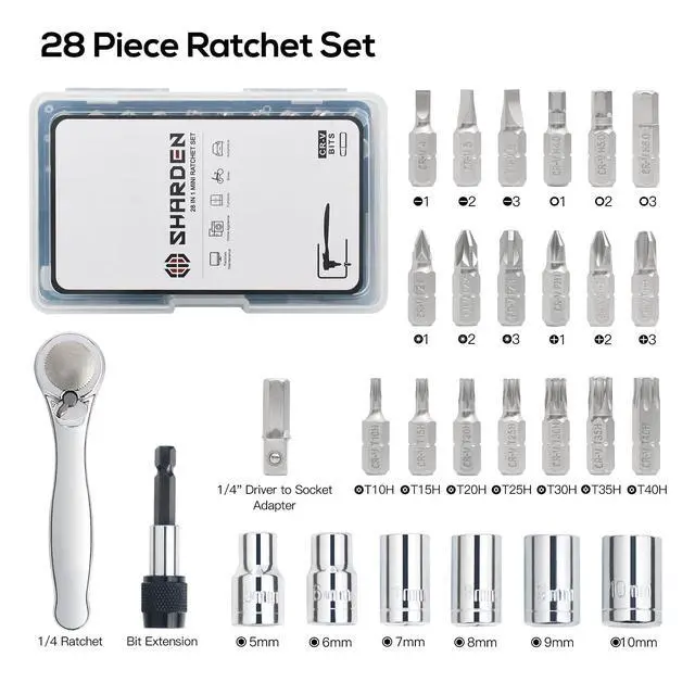 Alt view image 4 of 7 - 1/4 Mini Ratchet Set 28pcs Right Angle Screwdriver and Bit with Metric Socket Set, 72 Tooth Small Ratcheting Wrench Offset Screwdriver Low Profile Stubby Ratchet for Tight Spaces