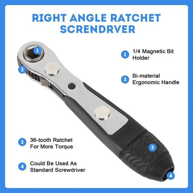 Alt view image 3 of 7 - Right Angle Screwdriver,42 PCS 1/4 Mini Ratchet Set,90 Degree Offset Ratcheting Wrench,Hex/Torx/Slotted/Phillips Magnetic Bits,Stocking Stuffers for Men&Women