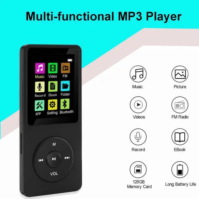 Alt view image 2 of 7 - 128GB MP3 Player with Bluetooth 5.2, Portable Black Music Player for Kids with Built-in HD Speaker, FM Radio, Voice Recorder, Earphones Included