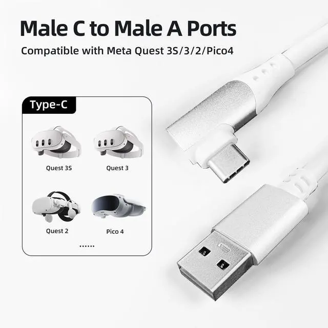 Alt view image 3 of 6 - VR Link Cable 16FT USB 3.0 Type-C to Type-A High Speed Data Transfer Cable for Meta Quest 3S/Quest 3/Oculus Quest 2/Pico 4 Accessories and PC/SteamVR (Silver)