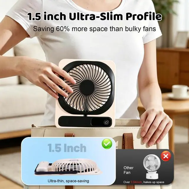 Alt view image 2 of 7 - Portable Desk Fan Battery Operated, Quiet USB Rechargeable Mini Personal Fan with 10H Battery 5 Speeds 180° Foldable Design Small Table for Office Home Bedroom Travel Camping