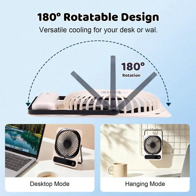 Alt view image 5 of 7 - Portable Desk Fan Battery Operated, Quiet USB Rechargeable Mini Personal Fan with 10H Battery 5 Speeds 180° Foldable Design Small Table for Office Home Bedroom Travel Camping