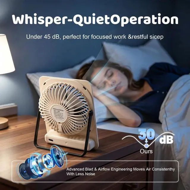 Alt view image 3 of 7 - Portable Desk Fan Battery Operated, Quiet USB Rechargeable Mini Personal Fan with 10H Battery 5 Speeds 180° Foldable Design Small Table for Office Home Bedroom Travel Camping