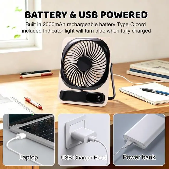 Alt view image 7 of 7 - Portable Desk Fan Battery Operated, Quiet USB Rechargeable Mini Personal Fan with 10H Battery 5 Speeds 180° Foldable Design Small Table for Office Home Bedroom Travel Camping