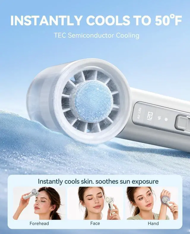Alt view image 3 of 5 - Handheld Mini Fan, Portable Fan with Ice Cooler, 120 Speed Powerful Turbo Personal Cooling Fan with Strong Airflow, Small Pocket for Travel, Outdoor, Makeup, Summer Gift -MiFan White