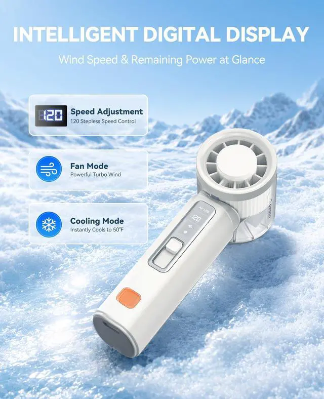 Alt view image 5 of 5 - Handheld Mini Fan, Portable Fan with Ice Cooler, 120 Speed Powerful Turbo Personal Cooling Fan with Strong Airflow, Small Pocket for Travel, Outdoor, Makeup, Summer Gift -MiFan White