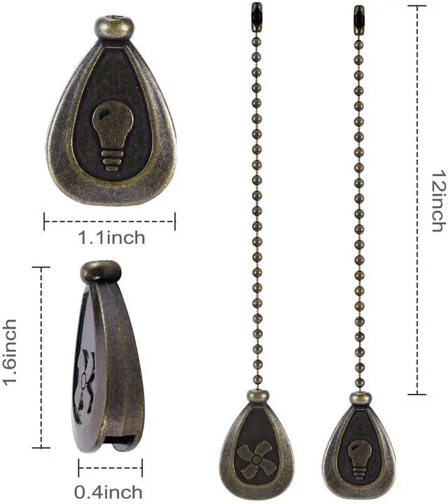 Alt view image 4 of 7 - 4 Pack Bronzed Ceiling Fan Pull Chain Extension, 12 Inches Classic Drop Shaped Pendant Pull Chains for Ceiling Fans and Lights, Decorative Fan Pulls Extenders with Connector (2 light and 2 fan)