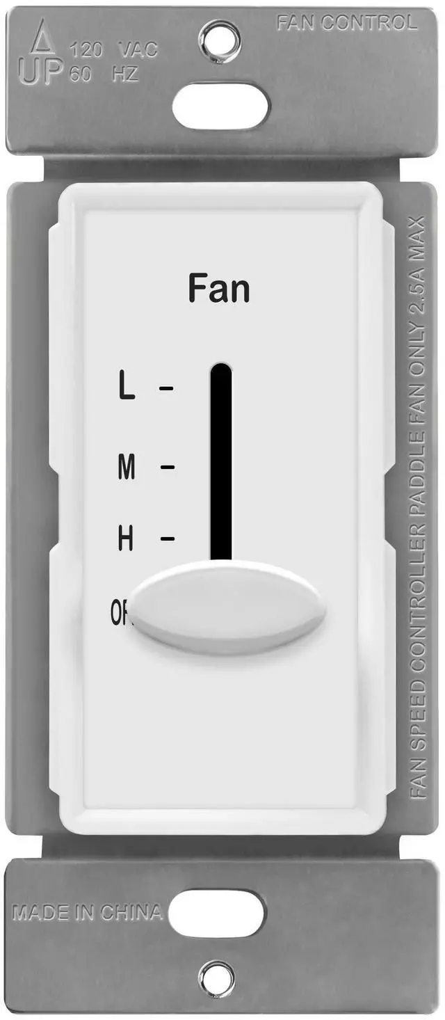Main image of 3 Speed In Wall Ceiling Fan Control, Slide switch, 120VAC, 2.5A, Single-Pole, No Neutral Wire Required, 17000-F3-W-F, White