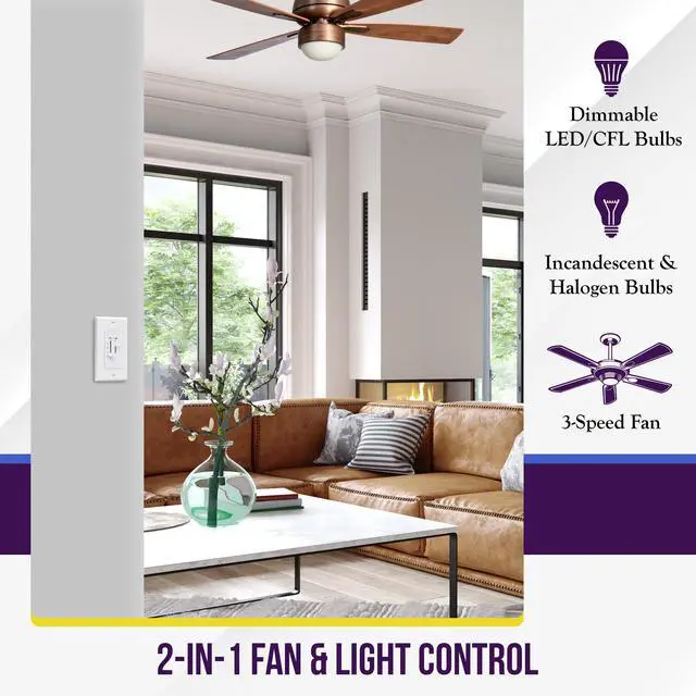 Alt view image 3 of 3 - 3 Speed Ceiling Fan Control and LED Dimmer Light Switch, 2.5A Single Pole Light Fan Switch, 300W Incandescent Load, No Neutral Wire Required, 17001-F3-W, White