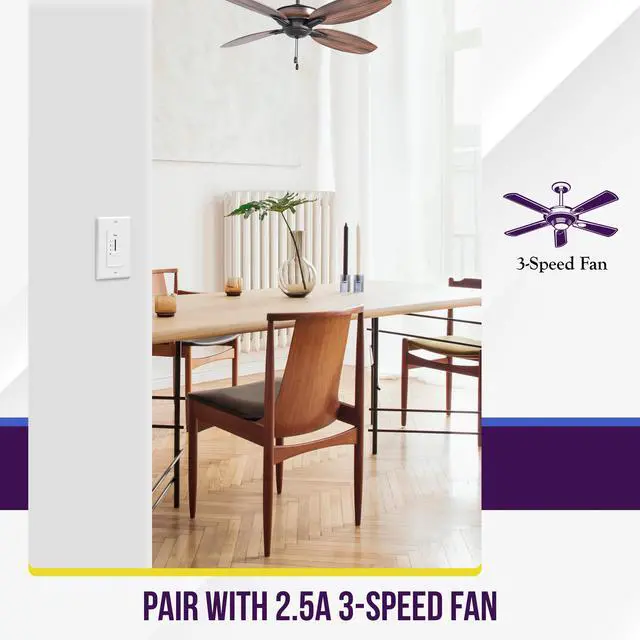 Alt view image 3 of 6 - 3 Speed In Wall Ceiling Fan Control, Slide switch, 120VAC, 2.5A, Single-Pole, No Neutral Wire Required, 17000-F3-W-F, White
