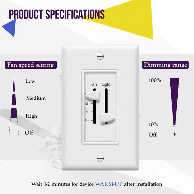 Alt view image 2 of 3 - 3 Speed Ceiling Fan Control and LED Dimmer Light Switch, 2.5A Single Pole Light Fan Switch, 300W Incandescent Load, No Neutral Wire Required, 17001-F3-W, White