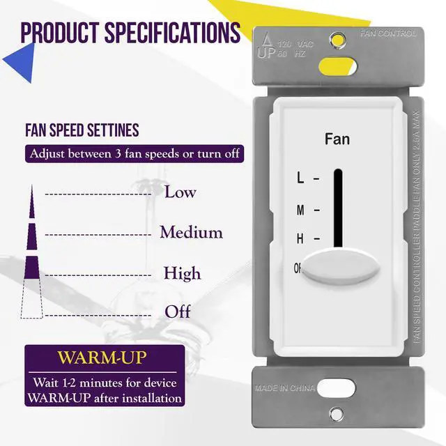 Alt view image 2 of 6 - 3 Speed In Wall Ceiling Fan Control, Slide switch, 120VAC, 2.5A, Single-Pole, No Neutral Wire Required, 17000-F3-W-F, White