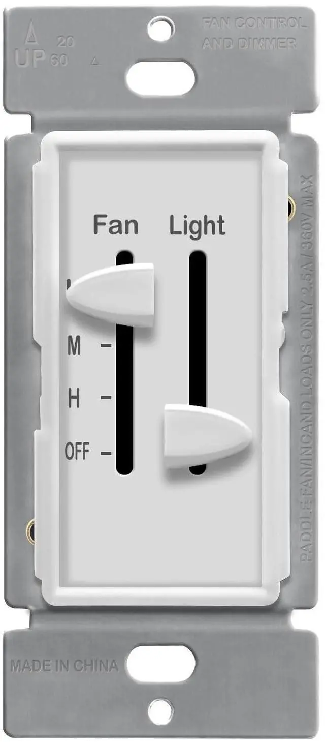 Main image of 3 Speed Ceiling Fan Control and LED Dimmer Light Switch, 2.5A Single Pole Light Fan Switch, 300W Incandescent Load, No Neutral Wire Required, 17001-F3-W, White