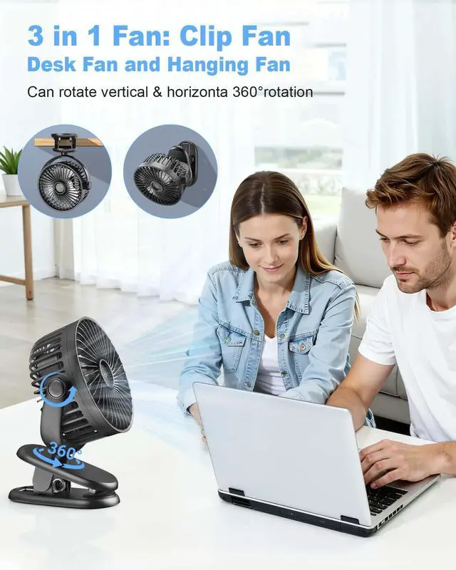 Alt view image 3 of 7 - Portable Clip on Fan, Rechargeable Stroller Fan, USB Desk Fans With TYPE-C Port 5200 mAh Battery Operated 3 Speed 360° Rotatable Personal Small Mini Table Fan for Pram Car Seat Crib Golf Cart Camping