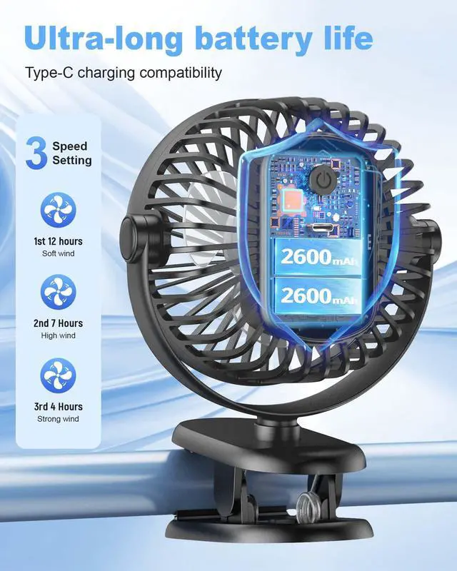Alt view image 5 of 7 - Portable Clip on Fan, Rechargeable Stroller Fan, USB Desk Fans With TYPE-C Port 5200 mAh Battery Operated 3 Speed 360° Rotatable Personal Small Mini Table Fan for Pram Car Seat Crib Golf Cart Camping