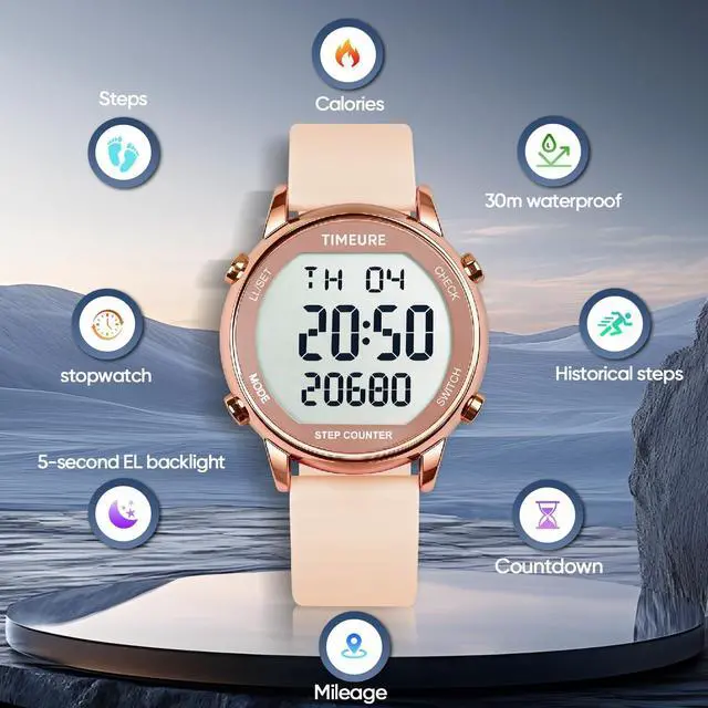 Alt view image 2 of 7 - Pedometer Watch for Women, Step Counter for Walking No App/Phone Required Step Counter, Waterproof Fitness Calorie Tracker, Distance Tracking, Alarm, Large Digital Display, TU-2509 (Pink)