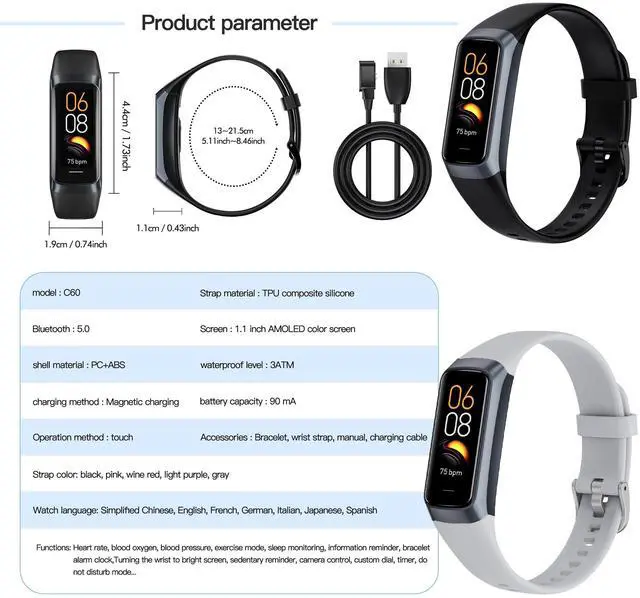Alt view image 5 of 6 - Fitness Tracker, Step Tracker Sport Bracelet Pedometer Calories Women, 1.1" AMOLED Smartwatch 3ATM Waterproof with Blood Pressure/Heart Rate Monitor for Men, Smart Watch for Android/iOS Phones (Black)