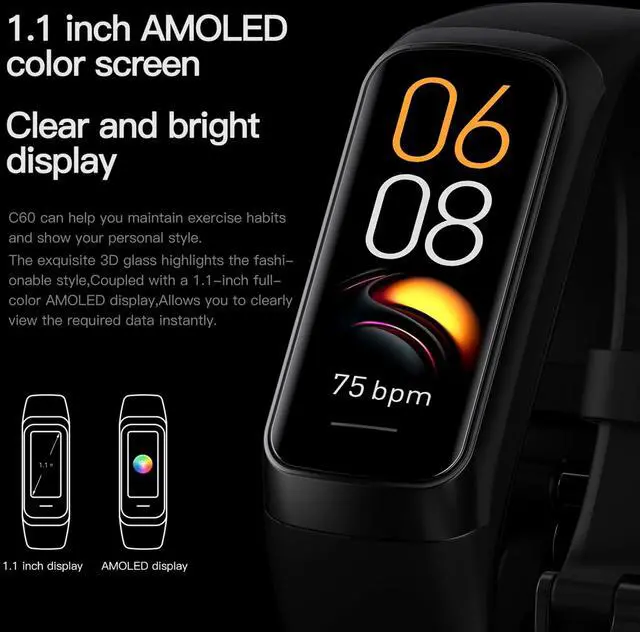 Alt view image 3 of 6 - Fitness Tracker, Step Tracker Sport Bracelet Pedometer Calories Women, 1.1" AMOLED Smartwatch 3ATM Waterproof with Blood Pressure/Heart Rate Monitor for Men, Smart Watch for Android/iOS Phones (Black)