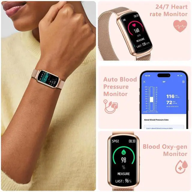 Alt view image 3 of 7 - Health Fitness Tracker, Smart Watch with 24/7 Heart Rate, Activity Tracker with Blood Pressure and Blood Oxy-gen Monitor, 120 Sport Mode Waterproof Sleep Tracker for Women Men (Pink Gold)