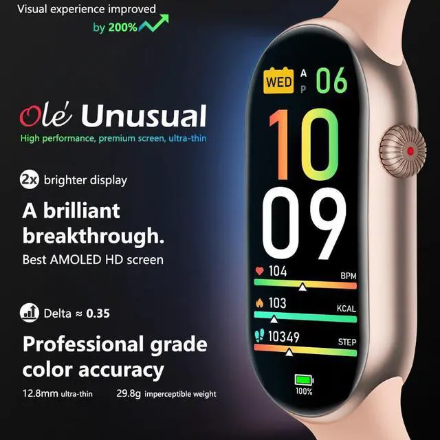 Main image of Slim Fitness Tracker AMOLED with Blood Oxygen, Blood Pressure, 24/7 Heart Rate and Sleep Tracking, IP68 Waterproof Activity Trackers and Smart Watches with Step Tracker, Pedometer for Women Men