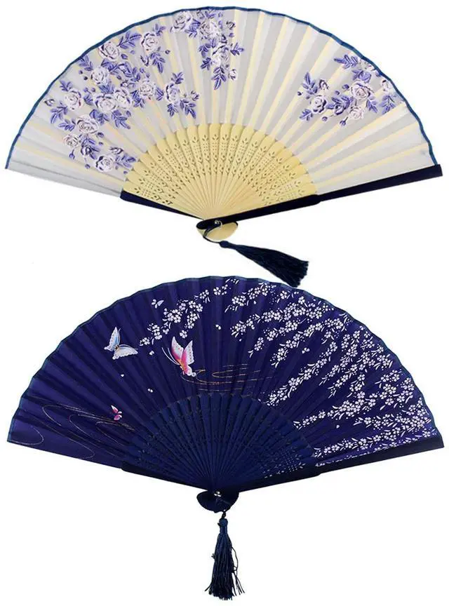Main image of 2 Pieces Handheld Fans, Silk Folding Fans with Bamboo Frames for Dancing Cosplay Wedding Party Props Decoration, White Blue