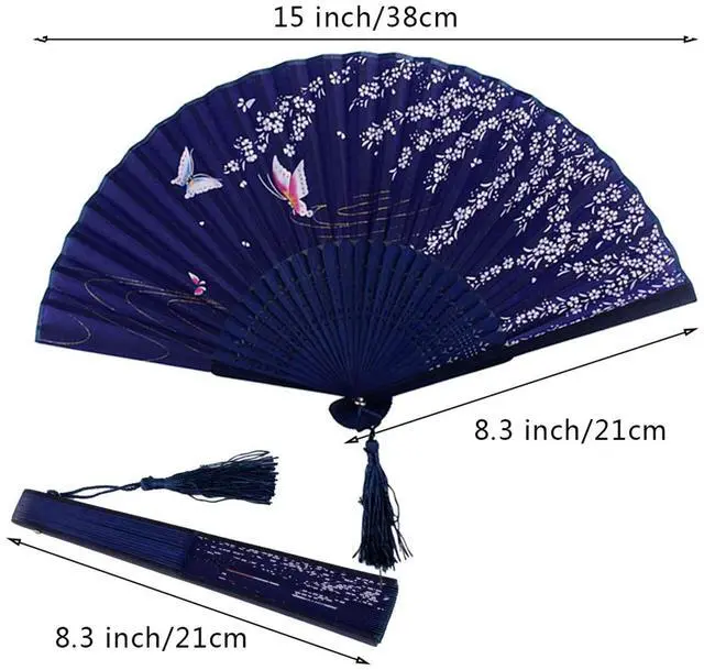 Alt view image 2 of 5 - 2 Pieces Handheld Fans, Silk Folding Fans with Bamboo Frames for Dancing Cosplay Wedding Party Props Decoration, White Blue