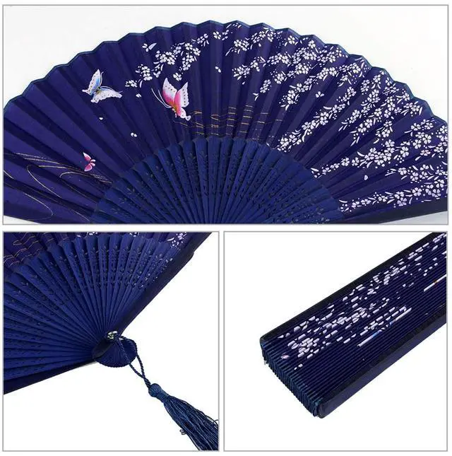 Alt view image 3 of 5 - 2 Pieces Handheld Fans, Silk Folding Fans with Bamboo Frames for Dancing Cosplay Wedding Party Props Decoration, White Blue