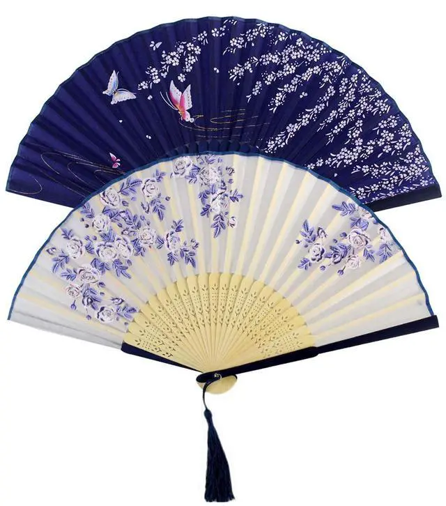 Alt view image 5 of 5 - 2 Pieces Handheld Fans, Silk Folding Fans with Bamboo Frames for Dancing Cosplay Wedding Party Props Decoration, White Blue