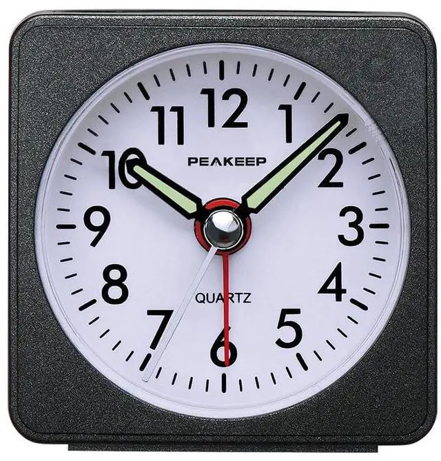 Main image of Ultra Small, Battery Travel Alarm Clock with Snooze and Light, Silent with No Ticking Analog Quartz (Black)