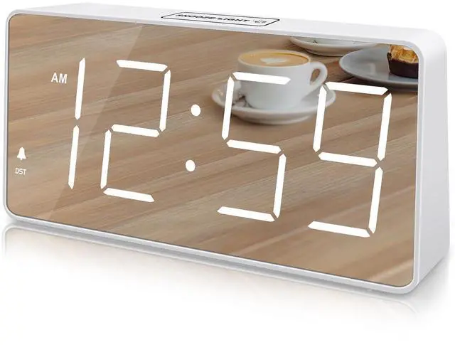 Main image of Digital Clock, Alarm Clock Battery Backup Powered for Bedrooms Mirror Face Large Numbers 6 Dimmer for Seniors, Super Loud for Heavy Sleepers (White)
