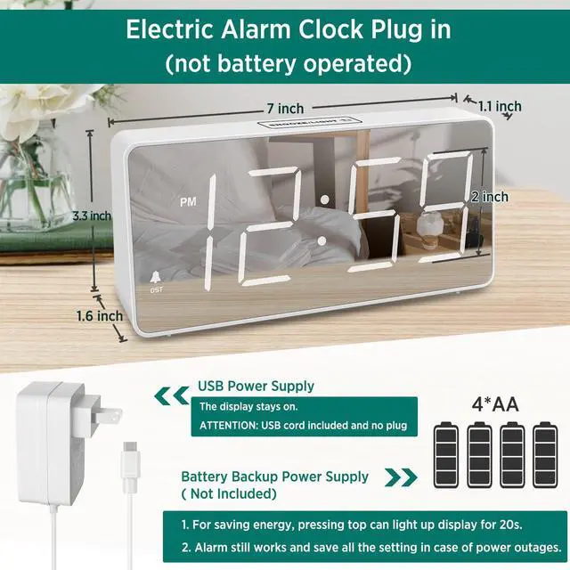 Alt view image 2 of 7 - Digital Clock, Alarm Clock Battery Backup Powered for Bedrooms Mirror Face Large Numbers 6 Dimmer for Seniors, Super Loud for Heavy Sleepers (White)