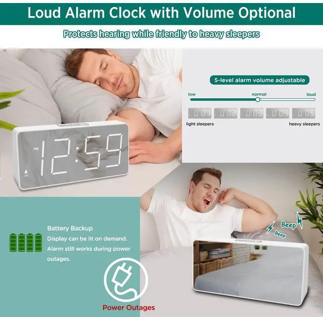 Alt view image 4 of 7 - Digital Clock, Alarm Clock Battery Backup Powered for Bedrooms Mirror Face Large Numbers 6 Dimmer for Seniors, Super Loud for Heavy Sleepers (White)