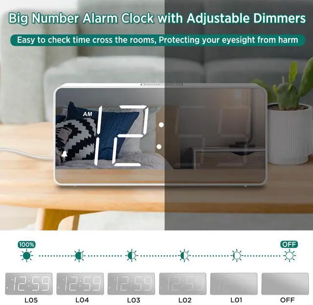 Alt view image 5 of 7 - Digital Clock, Alarm Clock Battery Backup Powered for Bedrooms Mirror Face Large Numbers 6 Dimmer for Seniors, Super Loud for Heavy Sleepers (White)