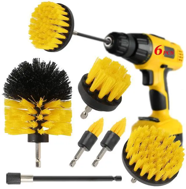 Main image of 6Pcs Drill Brush Cleaning Kit with Extendable Rod, Yellow Power Scrubber Attachments for Shower, Tub, Tile, Grout, Kitchen and Car (Yellow-6pcs)