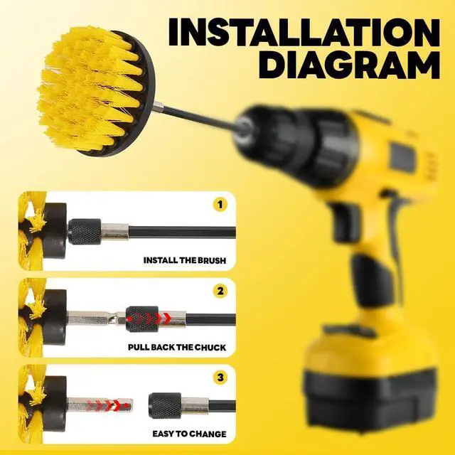 Alt view image 3 of 5 - 6Pcs Drill Brush Cleaning Kit with Extendable Rod, Yellow Power Scrubber Attachments for Shower, Tub, Tile, Grout, Kitchen and Car (Yellow-6pcs)