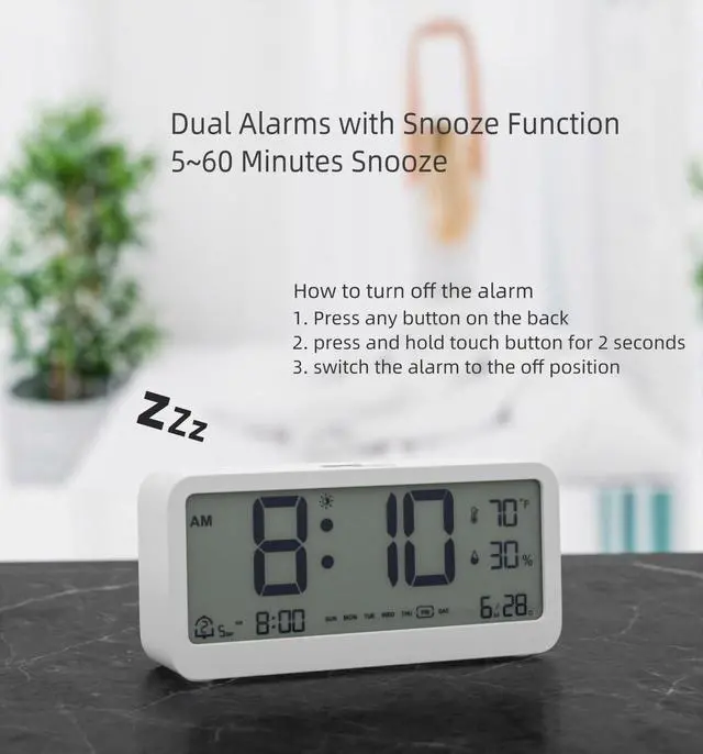Alt view image 4 of 7 - Digital Alarm Clock Battery Powered with Date | Indoor Temperature | Humidity | LCD Display | Dual Alarms | Snooze and Backlight Desk Small Clock (White)