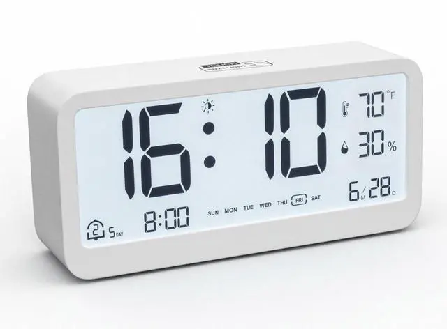 Main image of Digital Alarm Clock Battery Powered with Date | Indoor Temperature | Humidity | LCD Display | Dual Alarms | Snooze and Backlight Desk Small Clock (White)