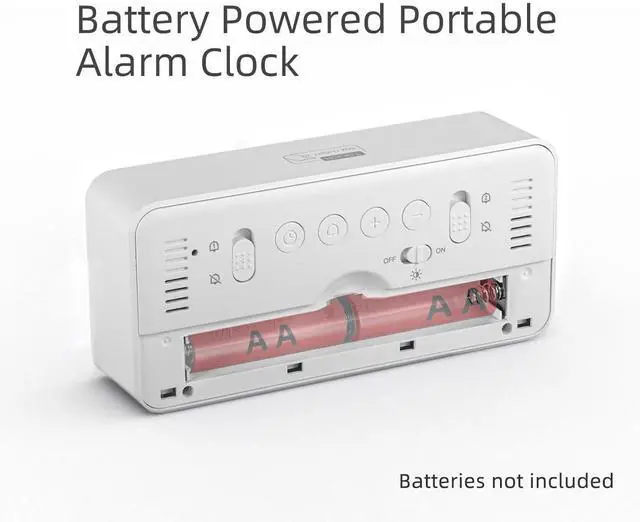 Alt view image 7 of 7 - Digital Alarm Clock Battery Powered with Date | Indoor Temperature | Humidity | LCD Display | Dual Alarms | Snooze and Backlight Desk Small Clock (White)
