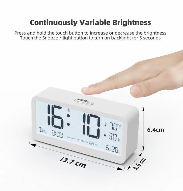 Alt view image 3 of 7 - Digital Alarm Clock Battery Powered with Date | Indoor Temperature | Humidity | LCD Display | Dual Alarms | Snooze and Backlight Desk Small Clock (White)